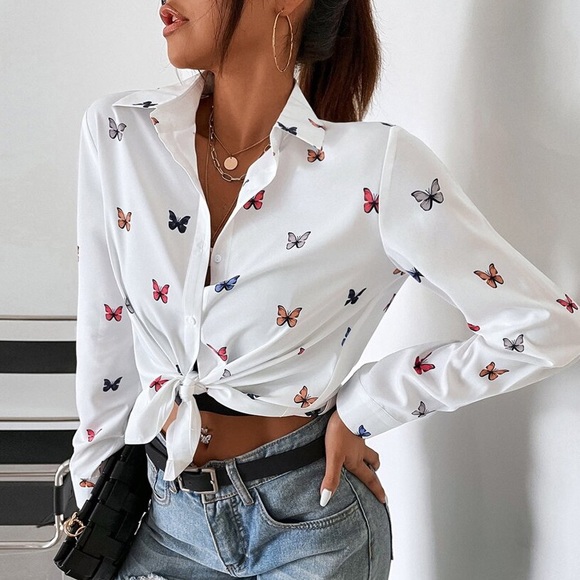Boho White Butterfly Print Button up Top Work Classic - Picture 6 of 11